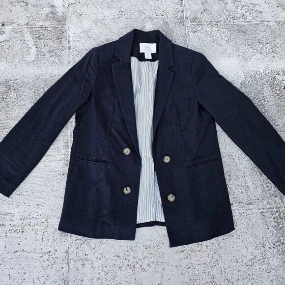 H by Halston Women Blazer Blue Navy Linen Blend Open Front jacket Size M - Picture 5 of 9